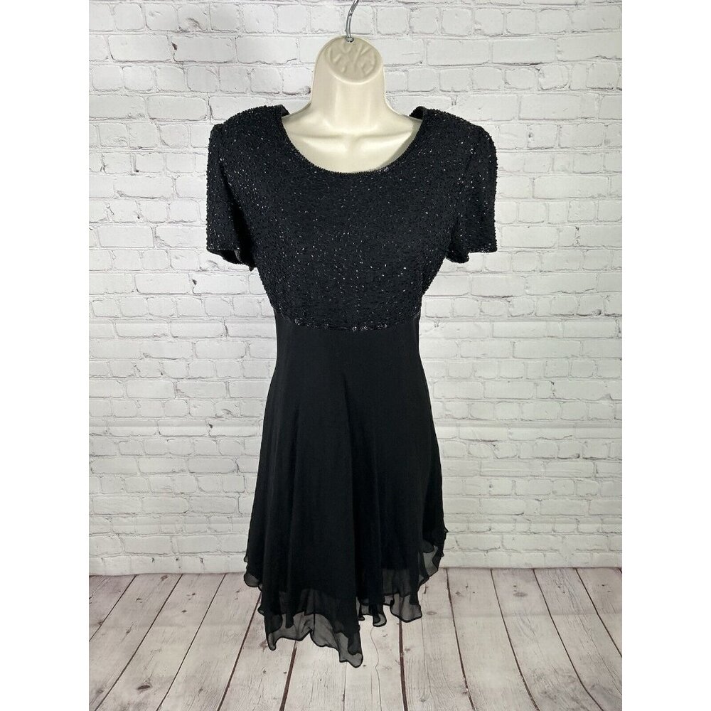 VTG Laurence Kazar 100% Silk Black Sequin Back Zip A Line Knee Length Dress S
